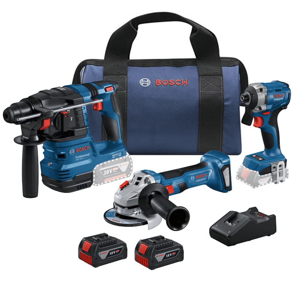 סט בוש 18V בראשלס -אימפקט, פטישון, דיסק +2 סוללות 4AH ומטען דגם: BOSCH-18V-3KIT-4AH