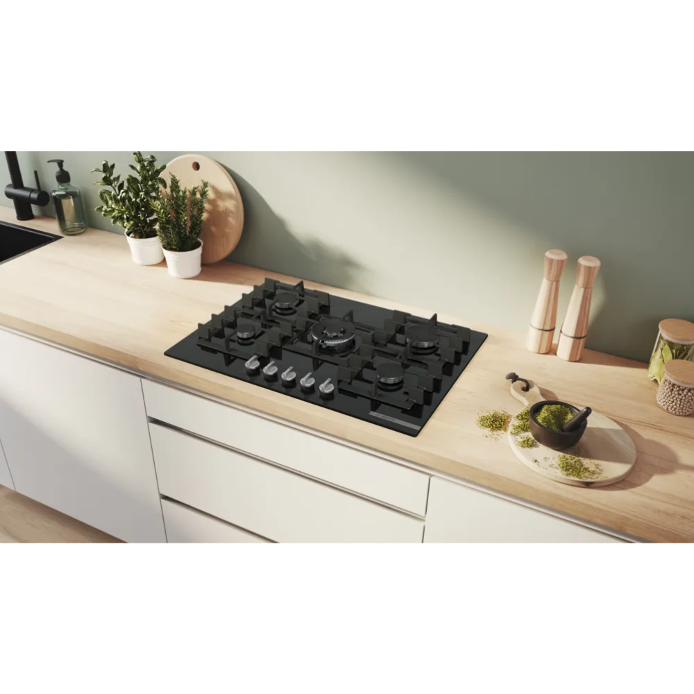 כיריים גז 75 ס"מ 5 להבות מסדרת FlameSelect דגם PPQ7A6I40Y בוש Bosch זכוכית שחורה - יבואן רשמי