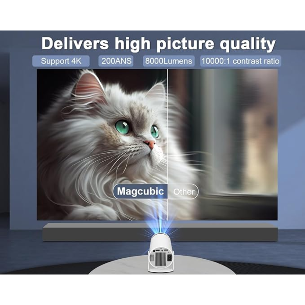 מקרן וידאו חכם נייד מבית MAGCUBIC עם סיבוב 180°, Android 14, תמיכה ב-4K, Wi-Fi 6 ו-Bl